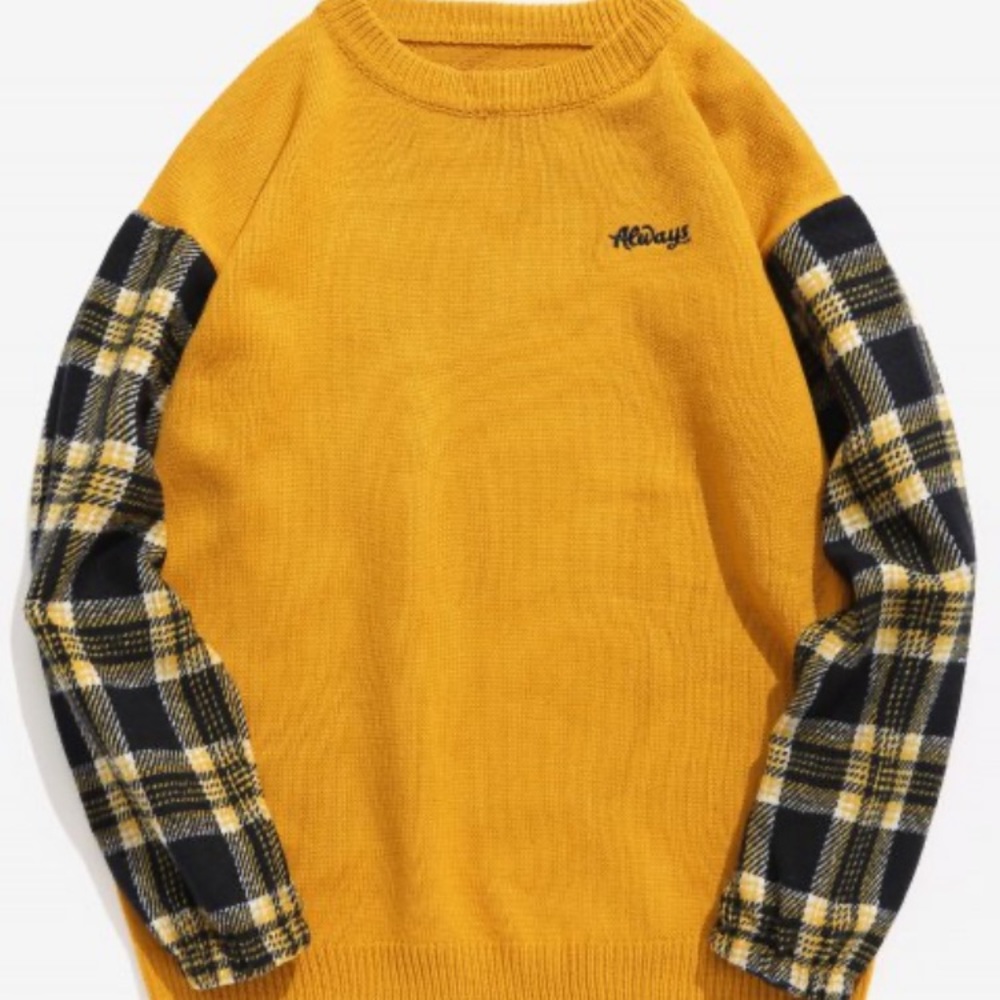 Sleeve Plaid Patchwork Knit Sweater